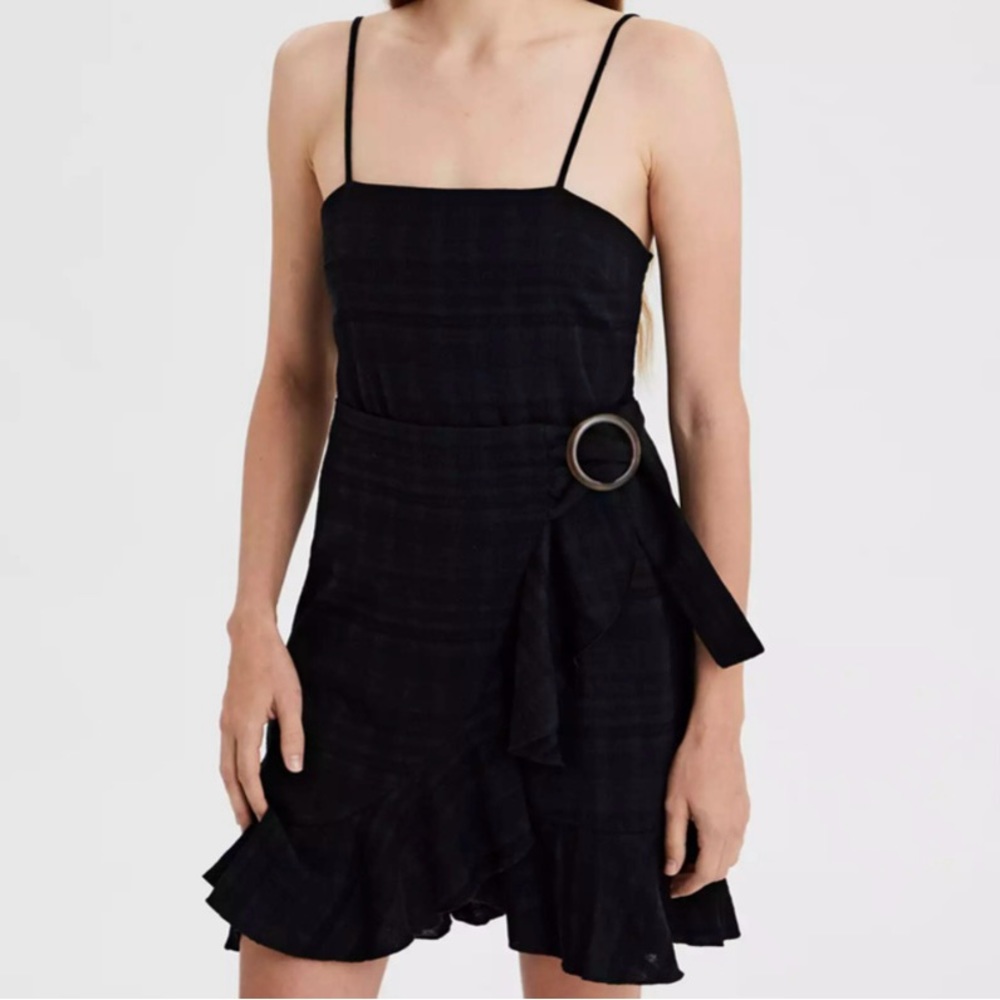 American Eagle Plaid Textured Belted Wrap Cami Dress